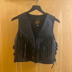 Protech Leather Apparel leather vest with fringe and rose detail, size 10